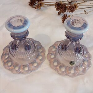 Pair Doric Lace Opalescent Lilac Candleholders w Original Label